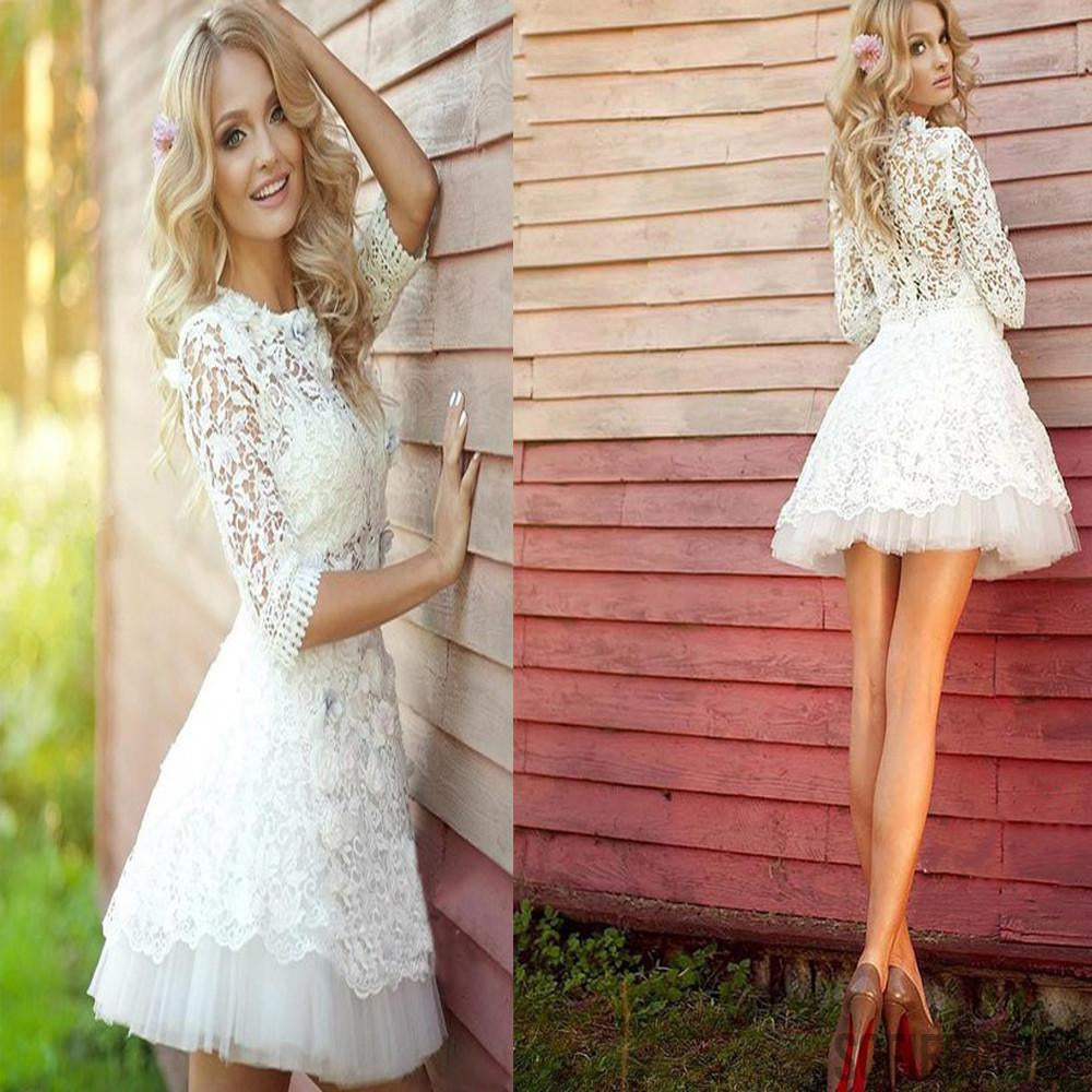 Pretty white lace long sleeve see through homecoming prom dresses, SF0016