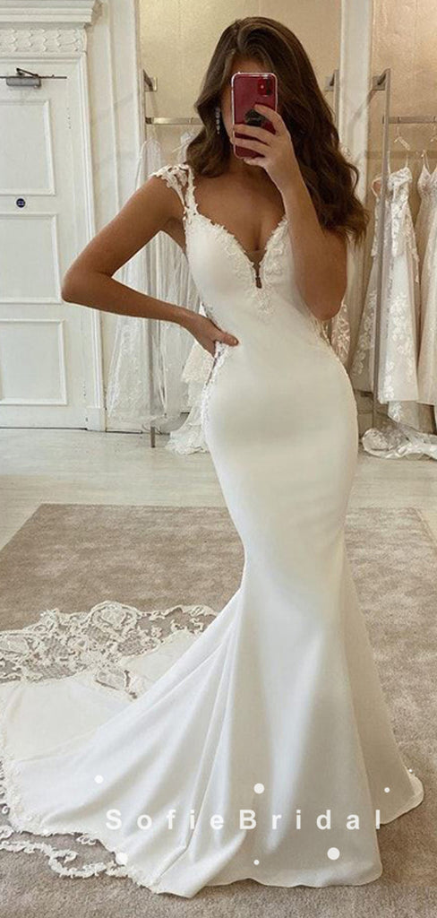 Mermaid Deep V-Neck Straps Cheap Long Wedding Dresses With Lace,SFWD0010