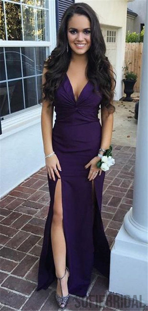 Simple V-neck Purple Sexy Long Bridesmaid Dresses With Split, BD1019