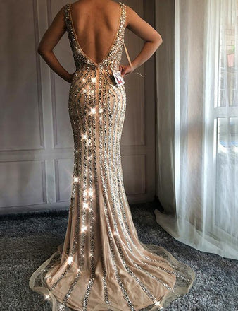 V-neck Long Mermaid Rhinestone Beaded Luxury Prom Dresses, PD0955