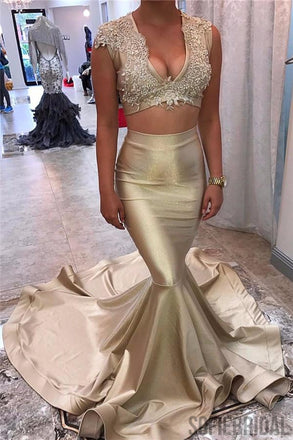 2 Pieces Sleeveless Lace Gold Satin Prom Dresses, Long Mermaid Prom Dresses, Cheap Prom Dresses, PD0329