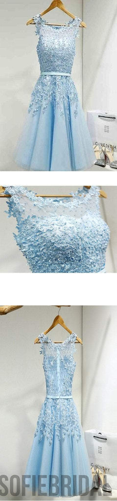 Light blue appliques lace see through lovely homecoming prom dresses, SF0083