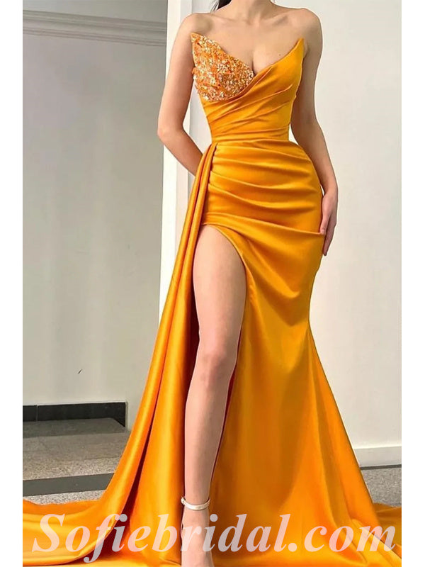 Sexy Satin Sweetheart V-Neck Sleeveless Side Slit Mermaid Long Prom Dresses,SFPD0388