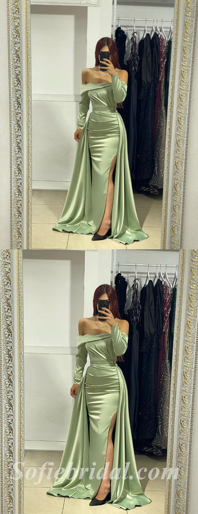 Sexy Satin Off Shoulder Long Sleeve Side Slit Mermaid Prom Dresses/Evening Dresses,SFPD0369