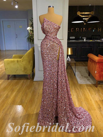Sexy Shiny Sequin Sweetheart Sleeveless Side Slit Mermaid Long Prom Dresses,SFPD0396