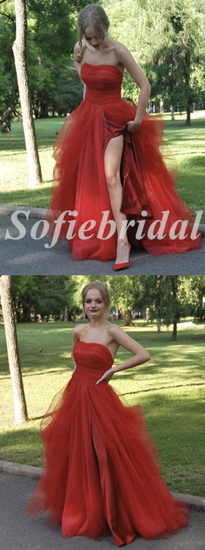 Sexy Tulle And Satin Sweetheart Sleeveless Side Slit A-Line Long Prom Dresses,PD0797