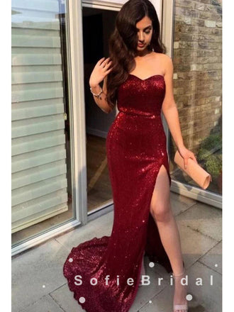 Sexy Mermaid Sweetheart Dark Red Cheap Long Prom Dresses With Split Side,SFPD0010