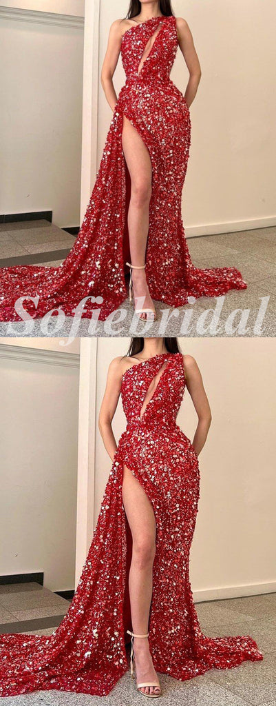 Sexy Sequin One Shoulder Sleeveless Side Slit Mermaid Long Prom Dresses,SFPD0684