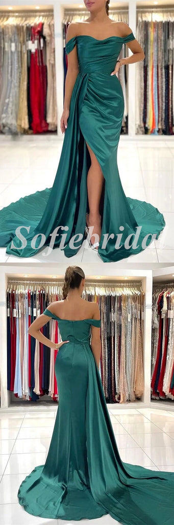 Sexy Satin Off Shoulder Sleeveless Side Slit Mermaid Long Prom Dresses With Trailing,SFPD0615