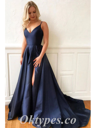 Sexy Satin Spaghetti Straps V-Neck Sleeveless Side Slit A-Line Long Prom Dresses,SFPD0506