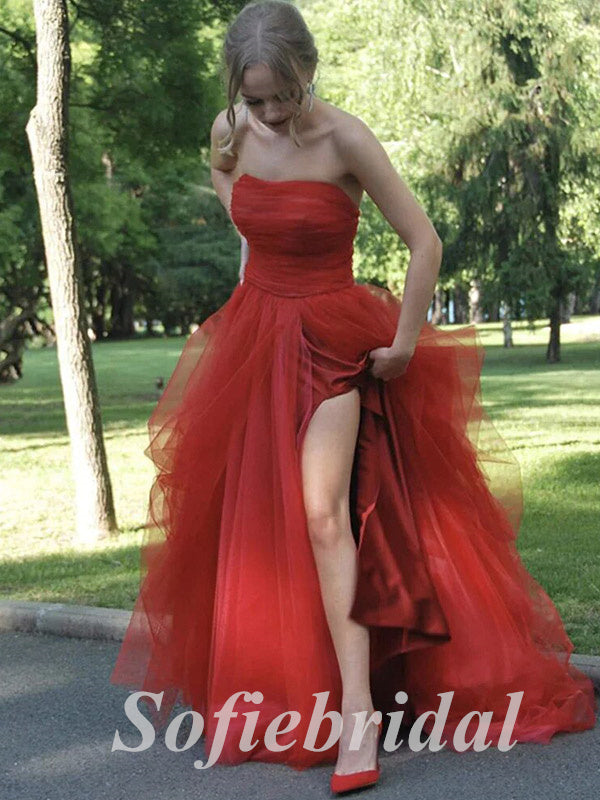 Sexy Tulle And Satin Sweetheart Sleeveless Side Slit A-Line Long Prom Dresses,PD0797