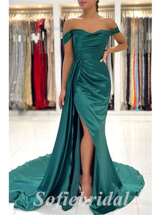 Sexy Satin Off Shoulder Sleeveless Side Slit Mermaid Long Prom Dresses With Trailing,SFPD0615