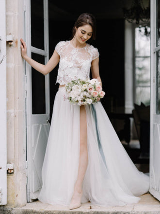 Simple Lace A-line Two-piece Long Wedding Dresses Online,SFWD0030