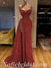 Sexy Rust Sequin Spaghetti Straps V-Neck Side Slit Mermaid Long Prom Dresses,SFPD0584