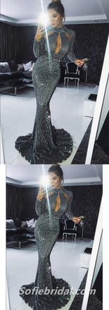 Sexy Sequin Long Sleeve High Neck Mermaid Long Prom Dresses,SFPD0292