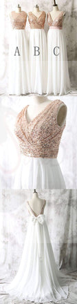 Mismatched Different Styles Sequin Top White Chiffon Sleeveless On Sale Long Bridesmaid Dresses For Wedding, WG17