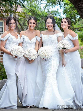 Mermaid Off-Shoulder Appliques Light Blue Bridesmaid Dresses, BD1018