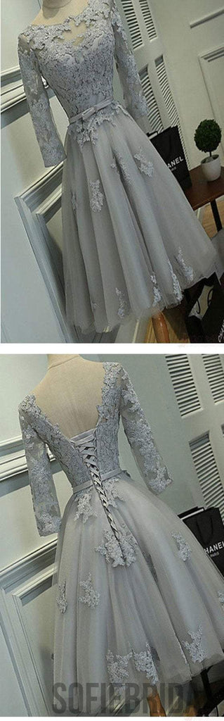 Grey lace simple lovely half sleeve elegant homecoming prom gown dresses, SF0076