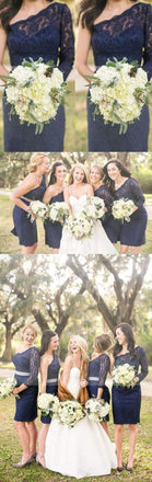 Elegant One Shoulder Long Sleeve Lace Navy Blue Knee Length Short Cheap Bridesmaid Dresses, WG128