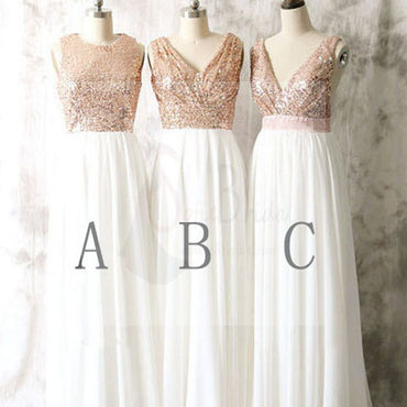 Mismatched Different Styles Sequin Top White Chiffon Sleeveless On Sale Long Bridesmaid Dresses For Wedding, WG17