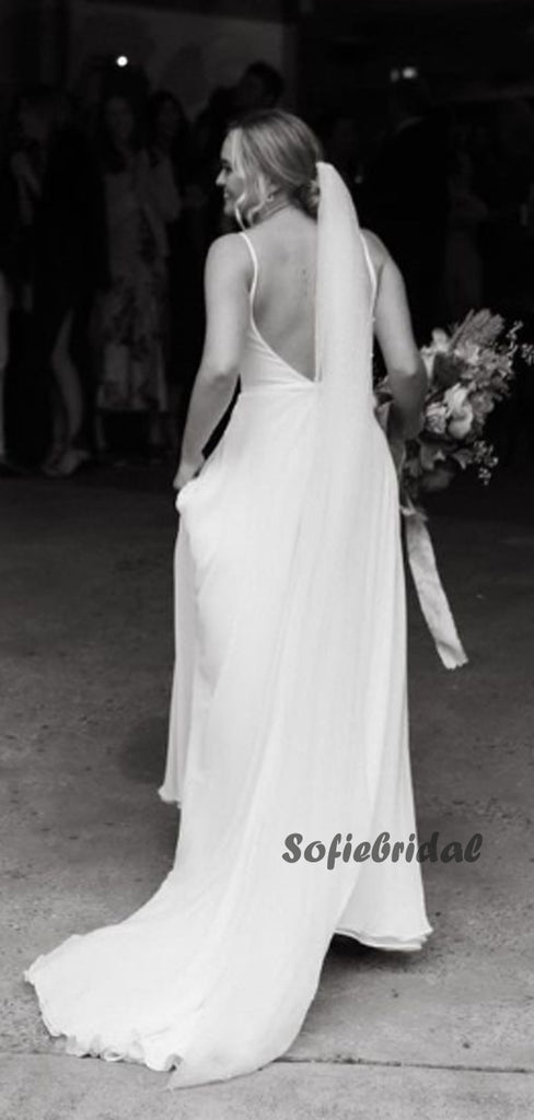 Spaghetti Straps V-neck Sleeveless Side Slit Long Wedding Dresses Online,SFWD0033