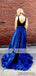 Navy Blue V-neck Top Tulle A-line Prom Dresses, Simple Design Long Prom Dresses, PD0387