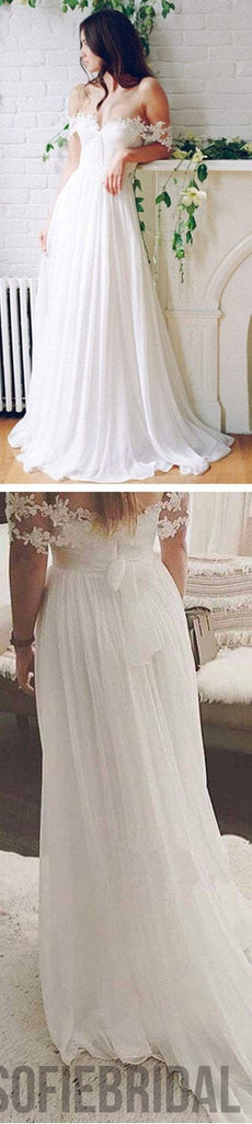 Popular Off Shoulder Long A-line White Chiffon Sexy Lace Wedding Dresses, WD0138