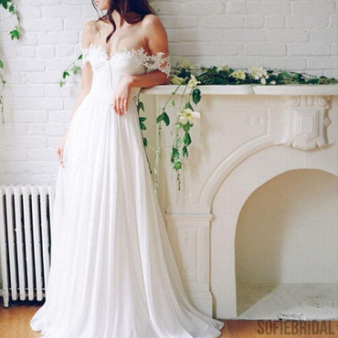 Popular Off Shoulder Long A-line White Chiffon Sexy Lace Wedding Dresses, WD0138