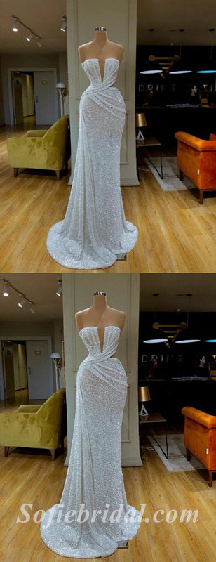 Gorgeous White Sequin Sweetheart V-Neck Sleeveless Mermaid Long Prom Dresses,SFPD0392