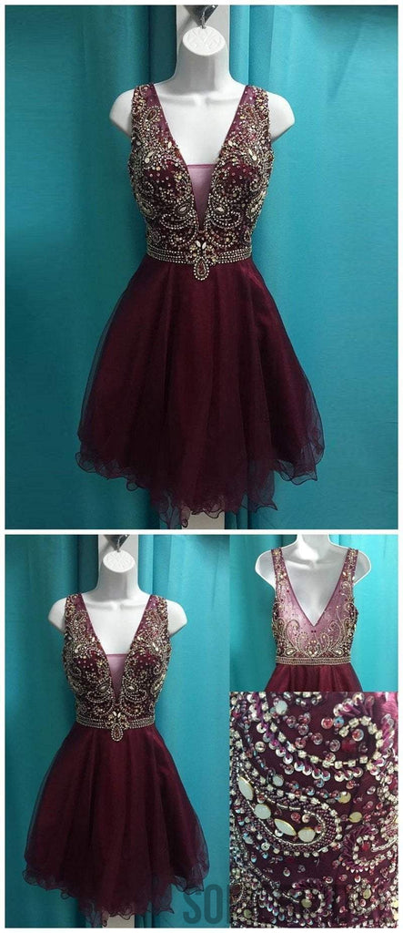 See Through V Neck Cute Beaded Maroon Homecoming Dresses 2018, CM499