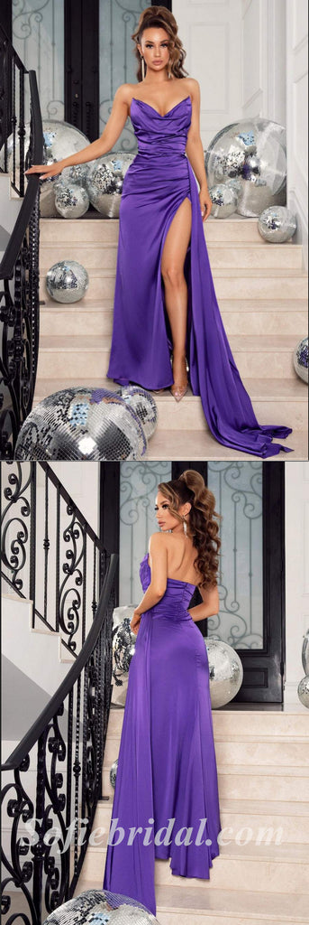 Sexy Purple Satin Sweetheart V-Neck Sleeveless Side Slit Mermaid Long Prom Dresses ,SFPD0399