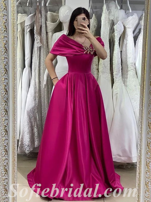 Sexy Satin Off Shoulder V-Neck Sleeveless A-Line Prom Dresses With Pockets,SFPD0373