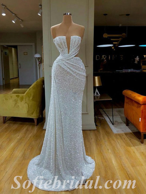 Gorgeous White Sequin Sweetheart V-Neck Sleeveless Mermaid Long Prom Dresses,SFPD0392