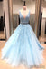 A-line V-neck Blue Appliques Long Tulle Prom Dresses, PD0987