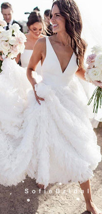 New Arrival A-Line V-Neck Sleeveless White Long Wedding Dresses,SFWD0014