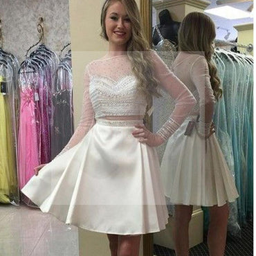 Long sleeve white two pieces simple see through homecoming prom dresses, BD00146