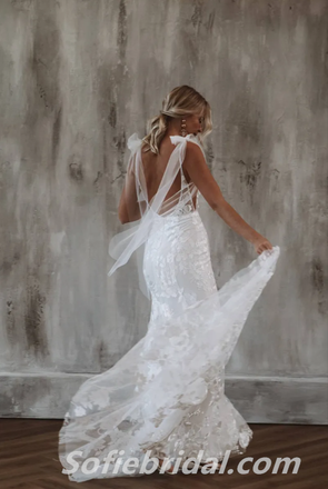 Gorgeous White Lace Spaghetti Straps Deep V-Neck Open Back Mermaid Long Wedding Dresses,SFWD0066