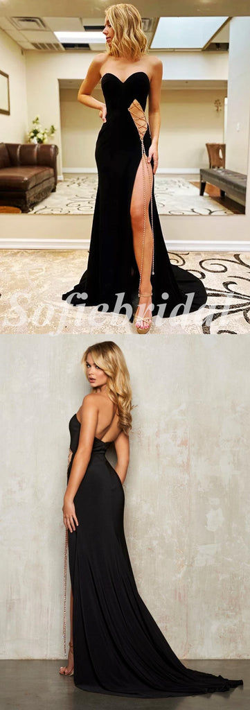 Sexy Black Satin Sweetheart Sleeveless Side Slit Mermaid Long Prom Dresses,SFPD0589