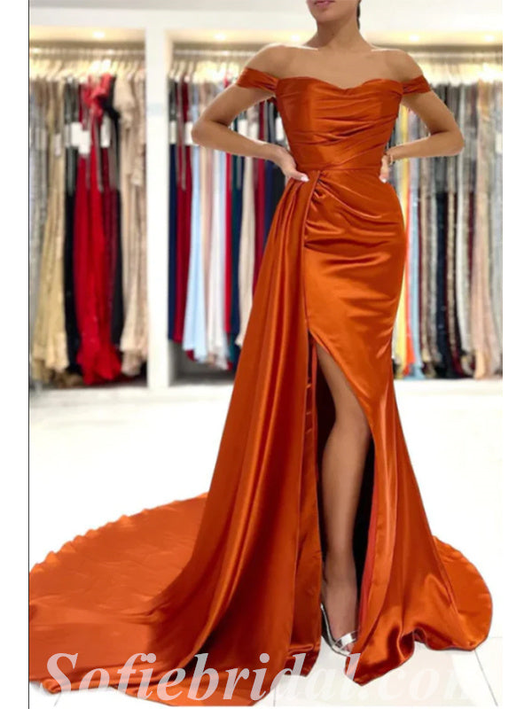 Sexy Burnt-Orange Satin Off Shoulder Side Slit Mermaid Long Prom Dresses With Trailing,SFPD0480