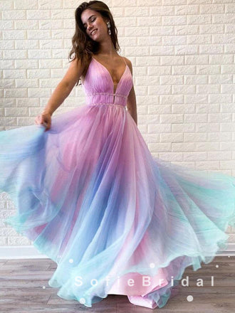 Alluring A-Line V-Neck Spaghetti Straps Ombre Chiffon Long Prom Dresses With Pleats,SFPD0014