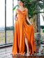 Sexy Orange Satin Sweetheart V-Neck A-Line Long Prom Dresses With Side Slit,SFPD0436