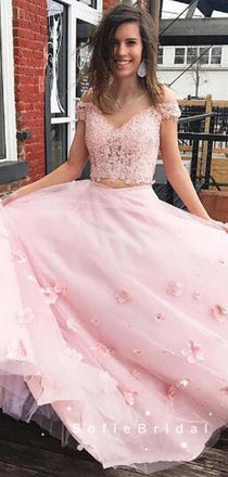 A-Line Off The Shoulder Two Piece Pink Tulle Long Prom Dresses With Lace,SFPD0015