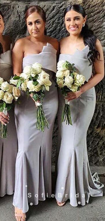 Mermaid Strapless Grey Cheap Sweep Train Bridesmaid Dresses,SFWG0015