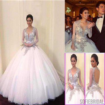 Cheap V-neck Long Sleeve Silver Lace Open Back Ball Gown Wedding Dresses, WD0151