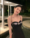 Elegant Black Soft Satin Spaghetti Straps Long Homecoming Dresses, HD0183