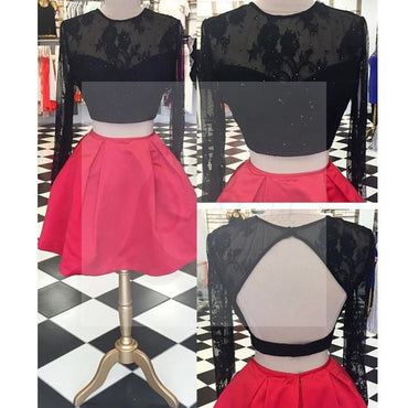 Long sleeve two pieces mismatched open back unique style homecoming prom dresses, BD00159