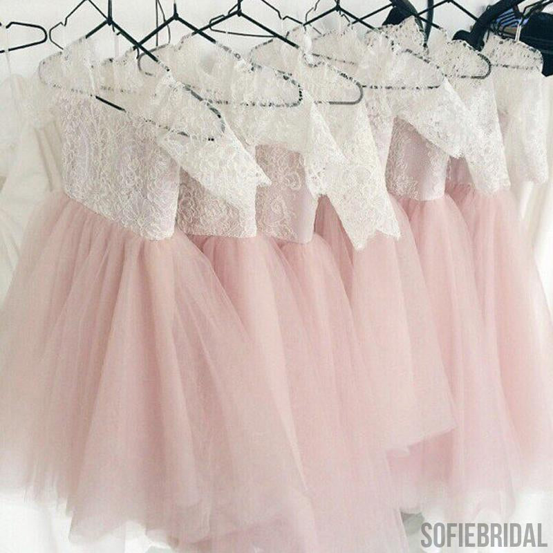 Lace Top Half Sleeves Pink Tulle Flower Girl Dresses, V-back Popular Little Girl Dresses,  FG027