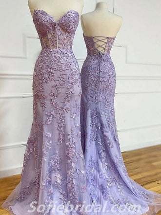 Purple Lace Sweetheart Strapless Lace Up Mermaid Long Prom Dresses, Formal Dresses,SFPD0289