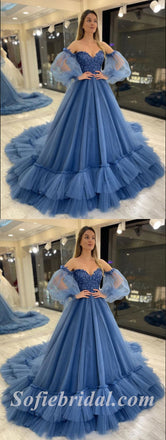Elegant Tulle Off Shoulder V-Neck Long Sleeve A-Line Long Prom Dresses/Ball Gown With Applique,SFPD0519