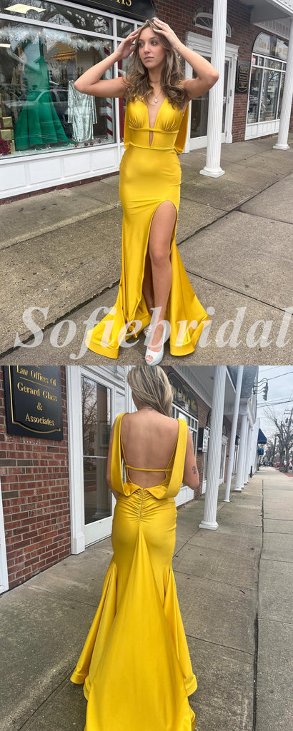 Sexy Soft Satin Spaghetti V-Neck Sleeveless Open Back Side Slit Mermaid Long Prom Dresses,PD0780